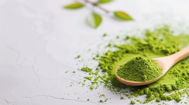 Green matcha powder on a white background
