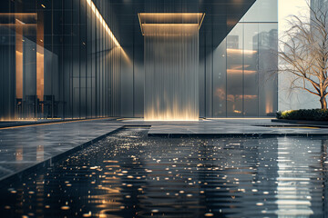 City courtyard in New York, minimalist design with sleek blacks and silvers, evening light enhancing clean lines and reflective pools. Ultra-realistic architectural photography.