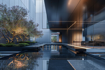 City courtyard in New York, minimalist design with sleek blacks and silvers, evening light enhancing clean lines and reflective pools. Ultra-realistic architectural photography.