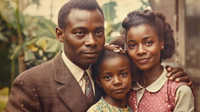 Vintage family portrait of an African American man posing with his wife and daughter.