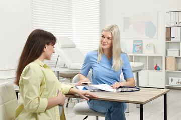 Doctor consulting pregnant patient at table in clinic