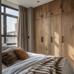 A contemporary bedroom with a simple wooden wardrobe featuring recessed handles, placed next to a bed with crisp white sheets and a geometric print throw --s 250 - Image #1 @Waris Malik
