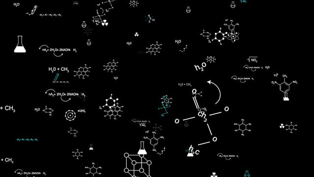alpha channel chemistry formulas and icons, chemical structural formulas on transparent background,science education concept 4k animation	