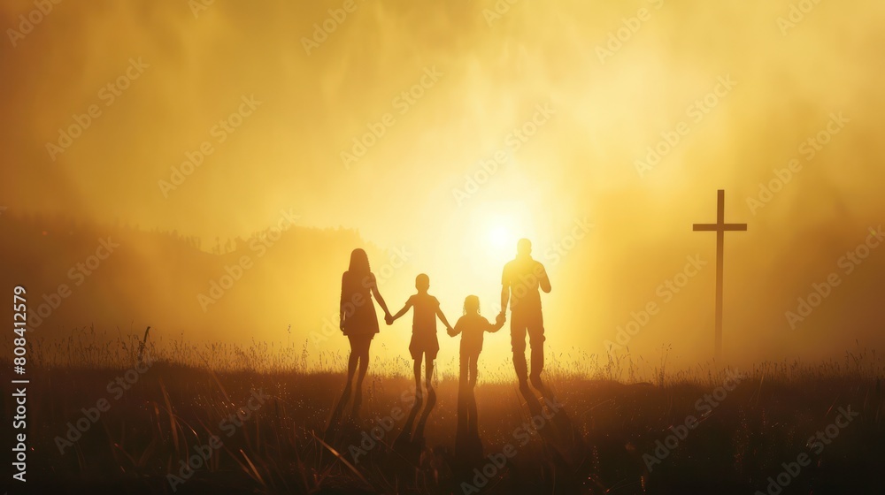 Wall mural Silhouette of family walking towards a Cross in the sunset