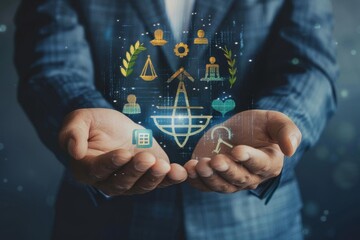 A businessman holds a hologram with icons related to ethical business practices