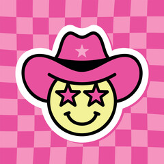 star eyes cowboy emoji, hot pink groovy sticker, black outline, cute sticker on groovy background, retro style vector illustration