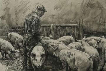 A farmer interacting with pigs in a pen
