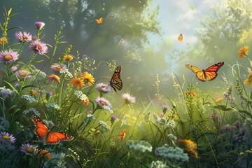 A serene landscape with butterflies fluttering among wildflowers