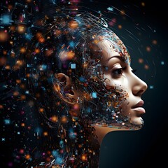 A beautiful woman's head is made of colorful tech elements. Generative AI.