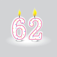 Birthday candle numbers 62. Gradient light top. Colorful dots. Vector illustration.