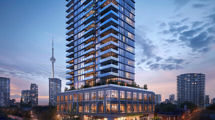 City Center Living: A luxurious condominium building towering over the vibrant streets of downtown.