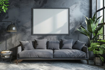 A large grey couch sits in a room with a white framed picture on the wall