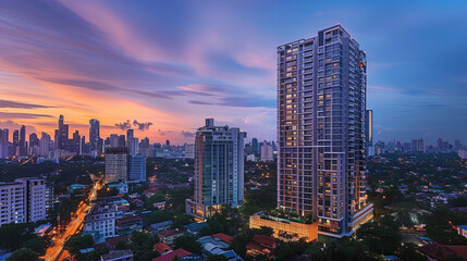 Obraz premium City Skyline Living: A high-rise condominium nestled amidst the urban landscape, offering breathtaking views.