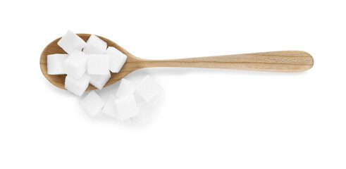 Sugar cubes and wooden spoon isolated on white, top view