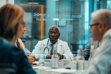 A group of people are sitting around a table, with a doctor in the middle - Powered by Adobe