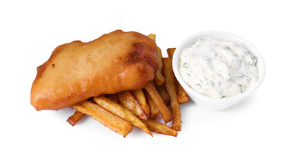 Tasty fish, chips and sauce isolated on white