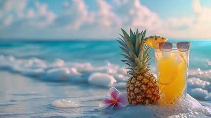 A fresh summer concept featuring sunglasses, a pineapple, and a tropical cocktail with a background...