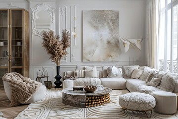 Chic living room with a sophisticated mix of textures and neutral colors