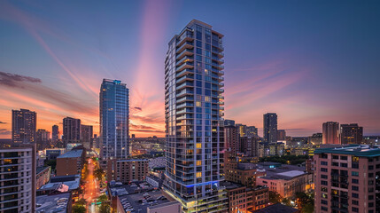 Downtown Condo Living: A modern condominium tower standing tall in the heart of the bustling city...