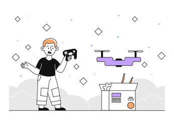 Boy with drone launch vector simple