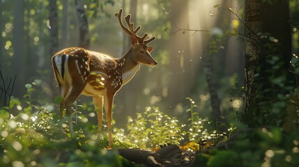 A high-definition 8K image showing a deer standing in a sunlit forest, surrounded by intricate details and volumetric lighting, appearing as if captured by an HD camera. - Powered by Adobe