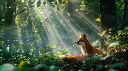 A high-definition 8K image showing a fox exploring a lush forest floor with rays of sunlight piercing through the canopy, detailed and intricate, as if captured by an HD camera.
