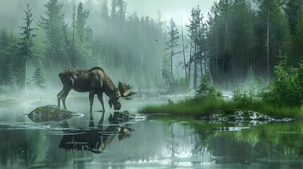 A high-definition 8K image showing a moose grazing near a misty forest pond