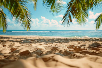 Sunny beach with palm leaves and clear blue sky.