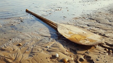 A wooden paddle rests on the sandy beach by the waters edge, surrounded by natural materials like rocks. Perhaps left behind by a kayaker exploring the lake AIG50