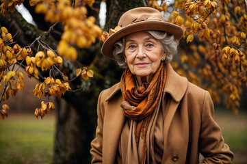 Elderly woman in brown hat and coat standing in front a tree with yellow autumn leaves.