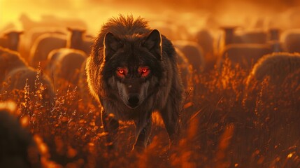 Close view of a fierce wolf with glowing red eyes, contrasted against peaceful sheep on a foggy,...