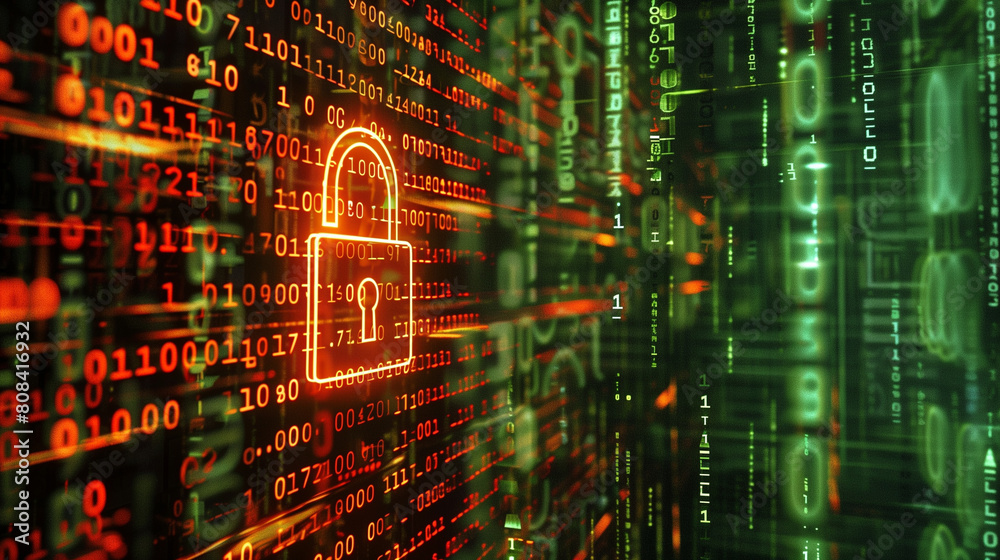 Poster virtual hologram of digital padlock over array of binary codes cyber security concept, futuristic di