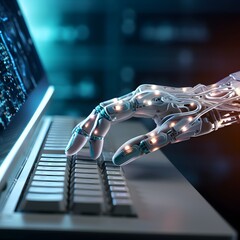 Robot hand typing a laptop. Generative AI.
