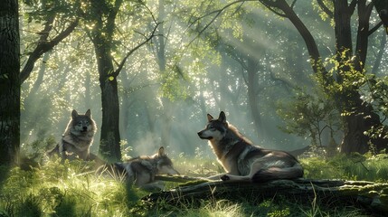 A high-definition 8K image showing a wolf pack resting under a canopy of trees in a sunlit forest...