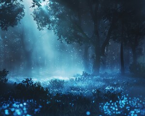 A bioluminescent forest shrouded in a magical fog