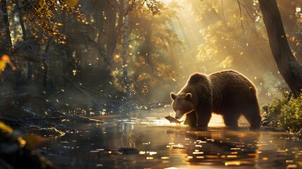 Naklejka premium A high-definition 8K image showing a bear catching fish in a sunlit forest stream with beautiful, intricate details and realistic light.