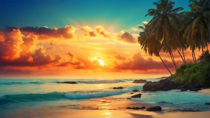 Fototapeta na wymiar Beautiful sunset beach landscape, exotic tropical island nature