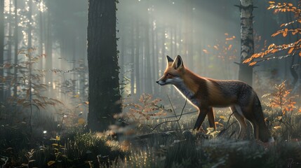 A high-definition 8K image showing a fox hunting in the misty forest with realistic lighting and beautiful sunlight illuminating the trees.
