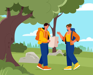 Hiking in forest vector concept