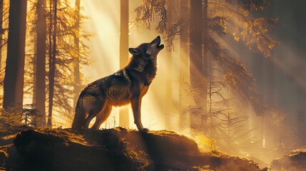 A high-definition 8K image showing a wolf howling in a misty forest, illuminated by shafts of sunlight with incredibly detailed and intricate surroundings.