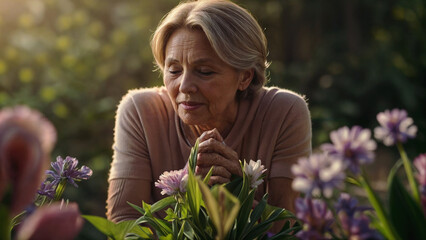 Fototapeta premium elder woman mom mother with flowers closing eyes emotionally