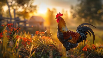A high-definition, 8K wallpaper of a beautiful rooster standing on a farm in the rays of the setting sun. The image should feature intricate farm details with volumetric lighting