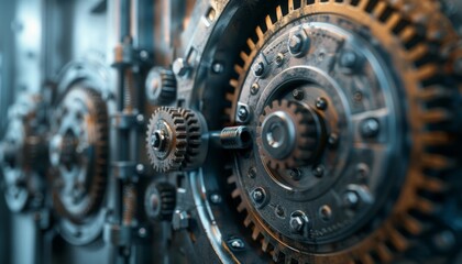 A closeup of a vault lock mechanism with intricate gears and tumblers clicking into place as the combination is entered Render in a hyperrealistic 3D style with a focus on mechanic