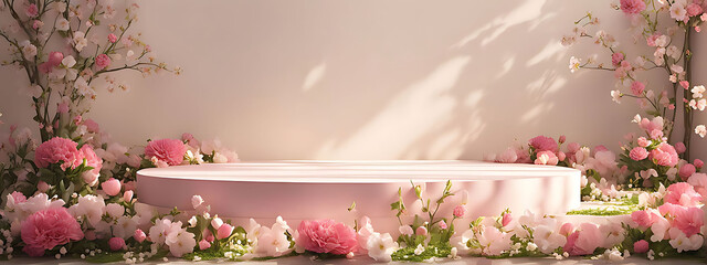  Background podium 3D spring flower product beauty pink display nature. 3D podium stand background scene floral mockup cosmetic white blossom summer abstract shadow platform minimal design render stag