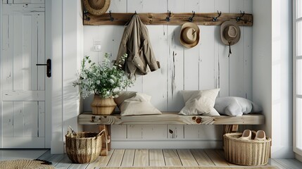 A high-definition image of a modern farmhouse entryway showing a wooden bench and a metal-hooked coat rack. Add woven baskets and decorative cushions for a realistic shot, captured like a photograph.