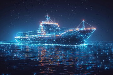 A wireframe-style depiction of a cargo ship laden with containers, illustrating modern shipping logistics and global trade networks.