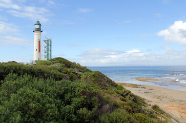 Lighthouse, beach, the ocean and grassy hill at Queenscliff in Victoria, Australia