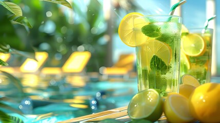A high-definition, realistic image capturing a lemonade and mojito cocktail with lemon and mint, displayed with other refreshing drinks on a table by the poolside on a sunny day.