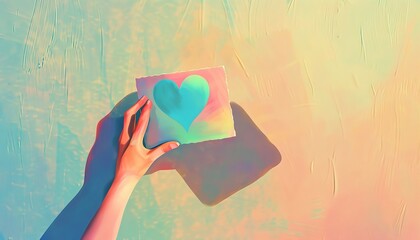 A digital art illustration of a childs hand holding a colorful homemade card with a heart cutout, casting a soft shadow on a pastel background