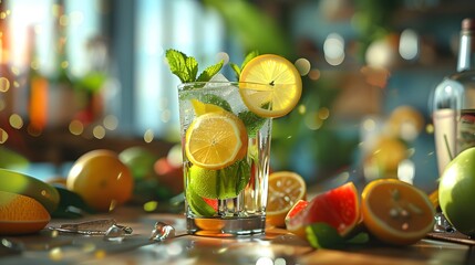 A high-definition, realistic image capturing a tropical bar setting featuring a lemonade, mojito cocktail with lemon and mint, and other cold drinks adorned with fruit slices